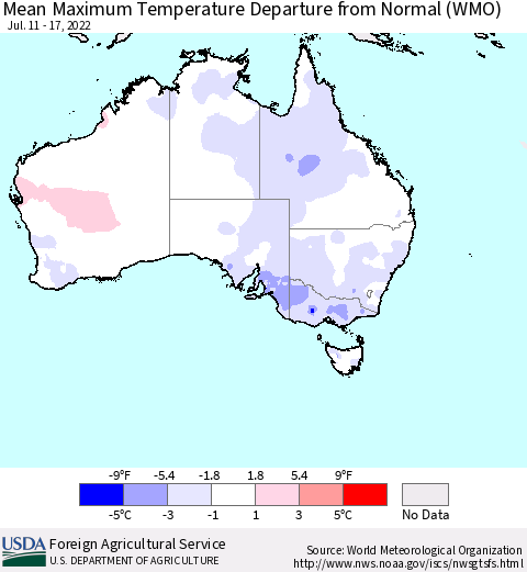 Australia Mean Maximum Temperature Departure from Normal (WMO) Thematic Map For 7/11/2022 - 7/17/2022