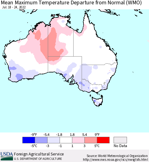Australia Mean Maximum Temperature Departure from Normal (WMO) Thematic Map For 7/18/2022 - 7/24/2022