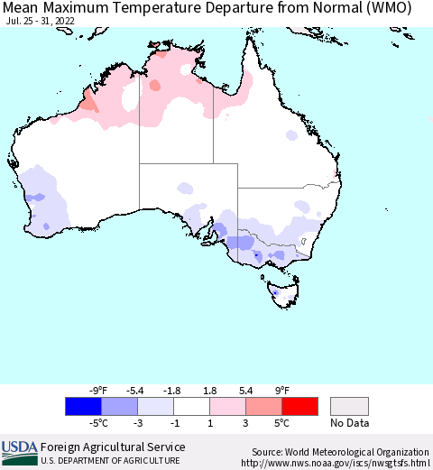 Australia Mean Maximum Temperature Departure from Normal (WMO) Thematic Map For 7/25/2022 - 7/31/2022
