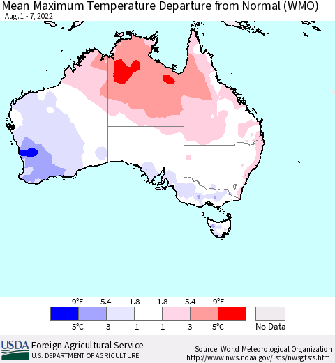 Australia Mean Maximum Temperature Departure from Normal (WMO) Thematic Map For 8/1/2022 - 8/7/2022