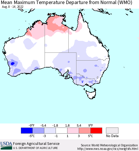 Australia Mean Maximum Temperature Departure from Normal (WMO) Thematic Map For 8/8/2022 - 8/14/2022
