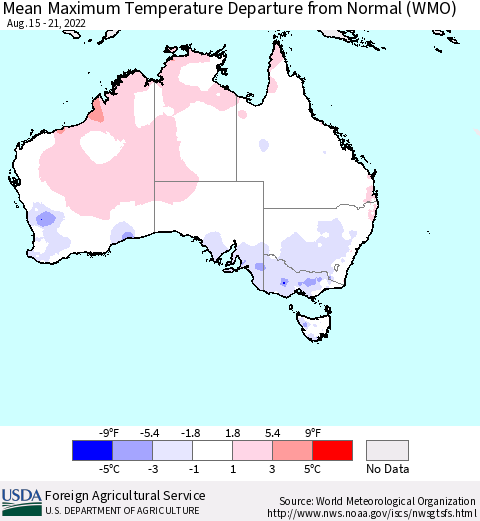 Australia Mean Maximum Temperature Departure from Normal (WMO) Thematic Map For 8/15/2022 - 8/21/2022