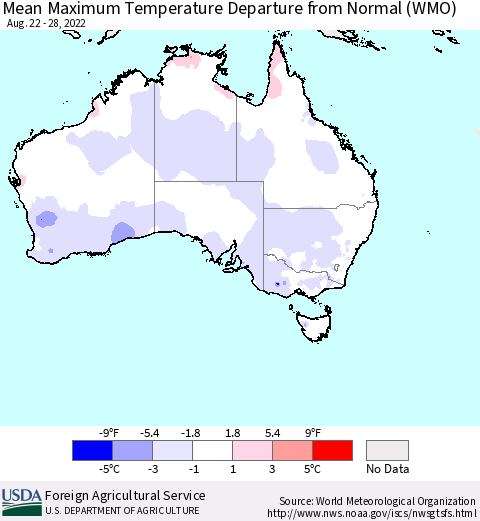 Australia Mean Maximum Temperature Departure from Normal (WMO) Thematic Map For 8/22/2022 - 8/28/2022