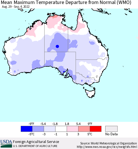 Australia Mean Maximum Temperature Departure from Normal (WMO) Thematic Map For 8/29/2022 - 9/4/2022