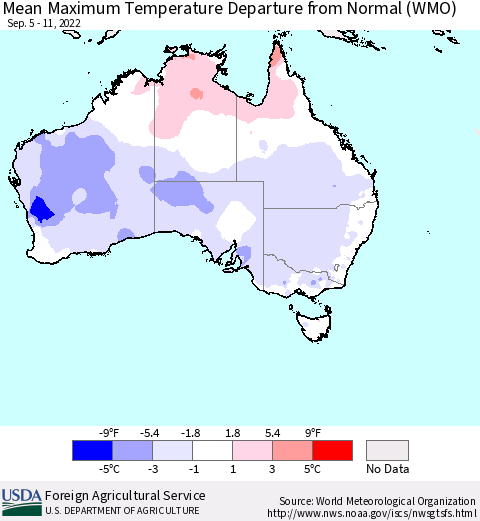 Australia Mean Maximum Temperature Departure from Normal (WMO) Thematic Map For 9/5/2022 - 9/11/2022