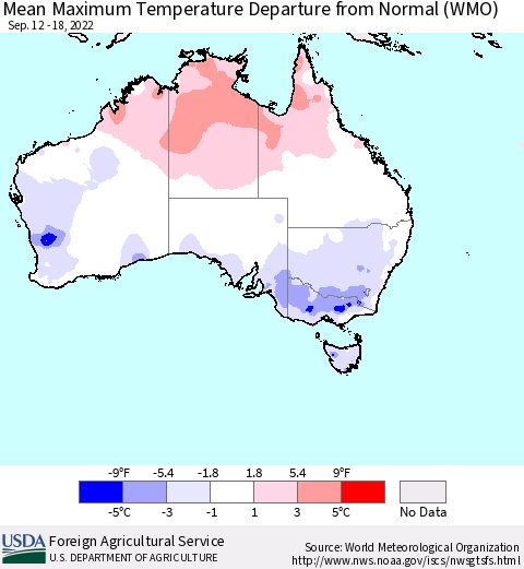 Australia Mean Maximum Temperature Departure from Normal (WMO) Thematic Map For 9/12/2022 - 9/18/2022