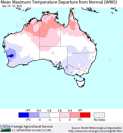 Australia Mean Maximum Temperature Departure from Normal (WMO) Thematic Map For 9/19/2022 - 9/25/2022