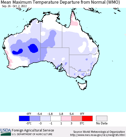 Australia Mean Maximum Temperature Departure from Normal (WMO) Thematic Map For 9/26/2022 - 10/2/2022