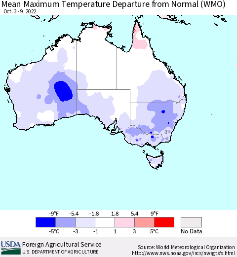 Australia Mean Maximum Temperature Departure from Normal (WMO) Thematic Map For 10/3/2022 - 10/9/2022