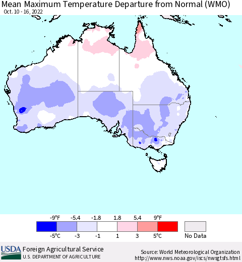 Australia Mean Maximum Temperature Departure from Normal (WMO) Thematic Map For 10/10/2022 - 10/16/2022