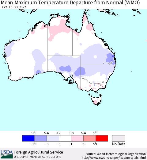 Australia Mean Maximum Temperature Departure from Normal (WMO) Thematic Map For 10/17/2022 - 10/23/2022