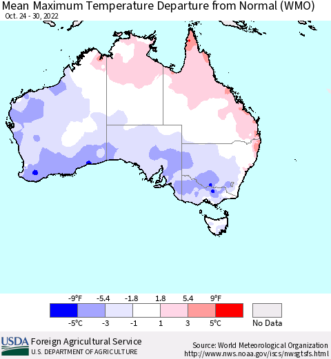Australia Mean Maximum Temperature Departure from Normal (WMO) Thematic Map For 10/24/2022 - 10/30/2022