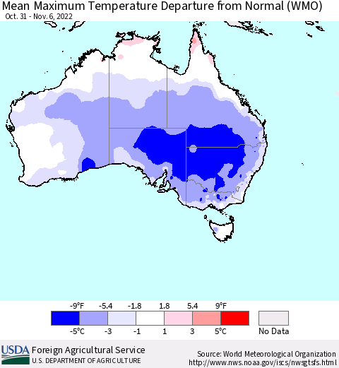 Australia Mean Maximum Temperature Departure from Normal (WMO) Thematic Map For 10/31/2022 - 11/6/2022