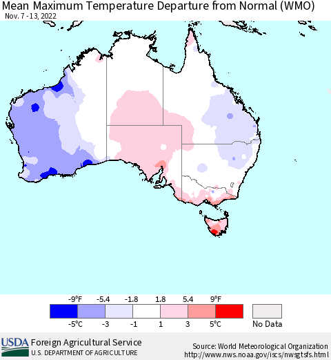 Australia Mean Maximum Temperature Departure from Normal (WMO) Thematic Map For 11/7/2022 - 11/13/2022