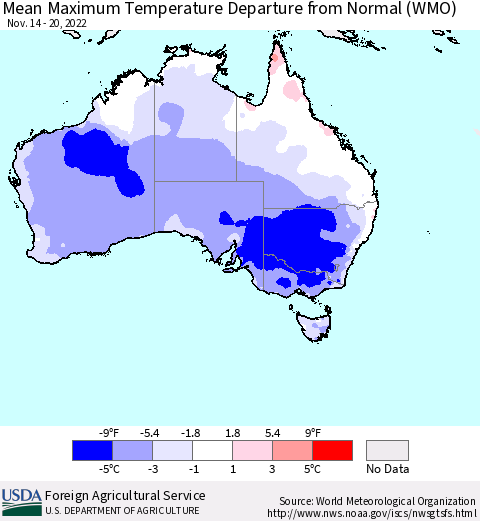 Australia Mean Maximum Temperature Departure from Normal (WMO) Thematic Map For 11/14/2022 - 11/20/2022
