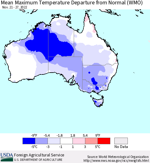 Australia Mean Maximum Temperature Departure from Normal (WMO) Thematic Map For 11/21/2022 - 11/27/2022