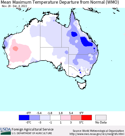 Australia Mean Maximum Temperature Departure from Normal (WMO) Thematic Map For 11/28/2022 - 12/4/2022