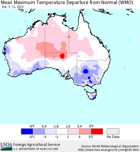 Australia Mean Maximum Temperature Departure from Normal (WMO) Thematic Map For 12/5/2022 - 12/11/2022