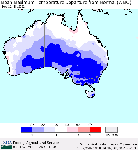 Australia Mean Maximum Temperature Departure from Normal (WMO) Thematic Map For 12/12/2022 - 12/18/2022