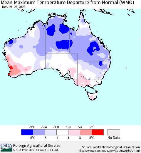 Australia Mean Maximum Temperature Departure from Normal (WMO) Thematic Map For 12/19/2022 - 12/25/2022
