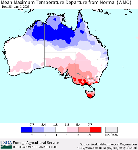 Australia Mean Maximum Temperature Departure from Normal (WMO) Thematic Map For 12/26/2022 - 1/1/2023