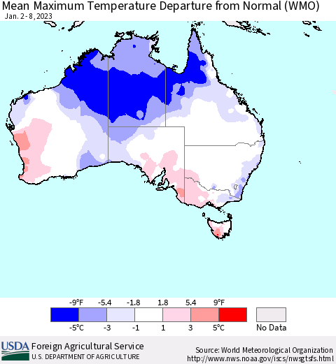 Australia Mean Maximum Temperature Departure from Normal (WMO) Thematic Map For 1/2/2023 - 1/8/2023