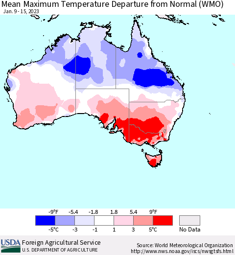 Australia Mean Maximum Temperature Departure from Normal (WMO) Thematic Map For 1/9/2023 - 1/15/2023