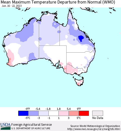 Australia Mean Maximum Temperature Departure from Normal (WMO) Thematic Map For 1/16/2023 - 1/22/2023