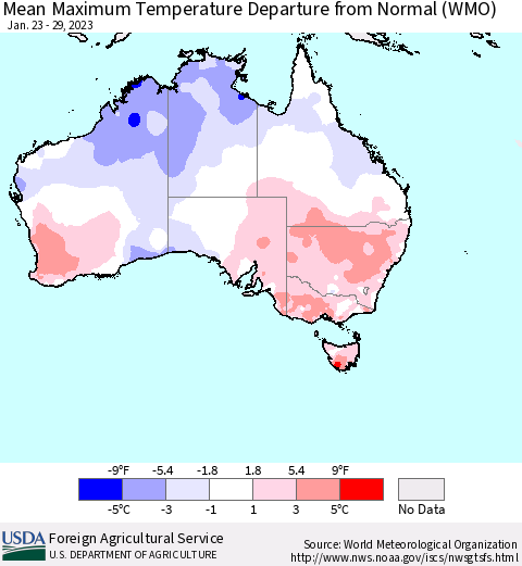 Australia Mean Maximum Temperature Departure from Normal (WMO) Thematic Map For 1/23/2023 - 1/29/2023