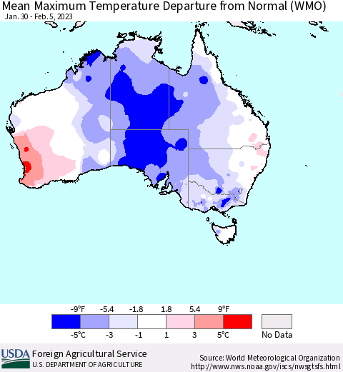 Australia Mean Maximum Temperature Departure from Normal (WMO) Thematic Map For 1/30/2023 - 2/5/2023