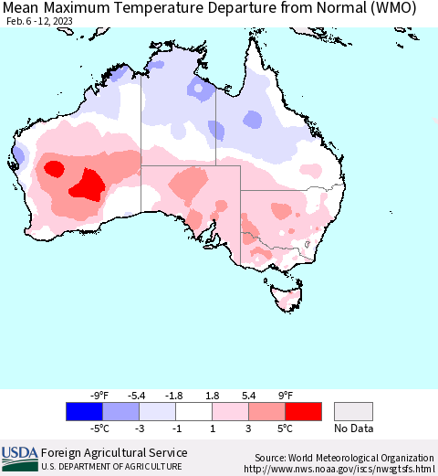 Australia Mean Maximum Temperature Departure from Normal (WMO) Thematic Map For 2/6/2023 - 2/12/2023