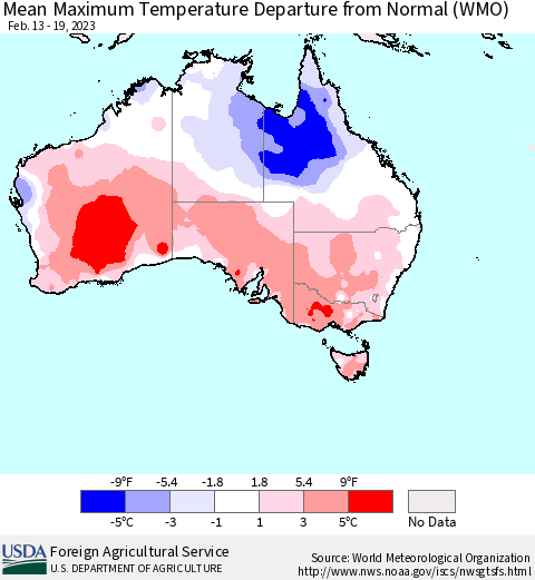 Australia Mean Maximum Temperature Departure from Normal (WMO) Thematic Map For 2/13/2023 - 2/19/2023
