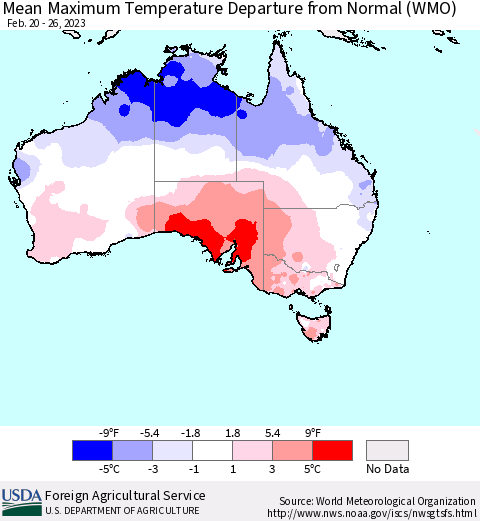 Australia Mean Maximum Temperature Departure from Normal (WMO) Thematic Map For 2/20/2023 - 2/26/2023