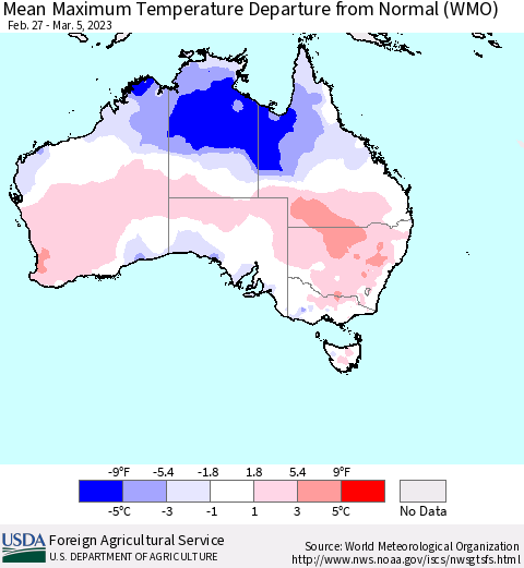 Australia Mean Maximum Temperature Departure from Normal (WMO) Thematic Map For 2/27/2023 - 3/5/2023
