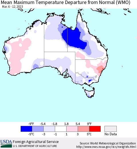 Australia Mean Maximum Temperature Departure from Normal (WMO) Thematic Map For 3/6/2023 - 3/12/2023