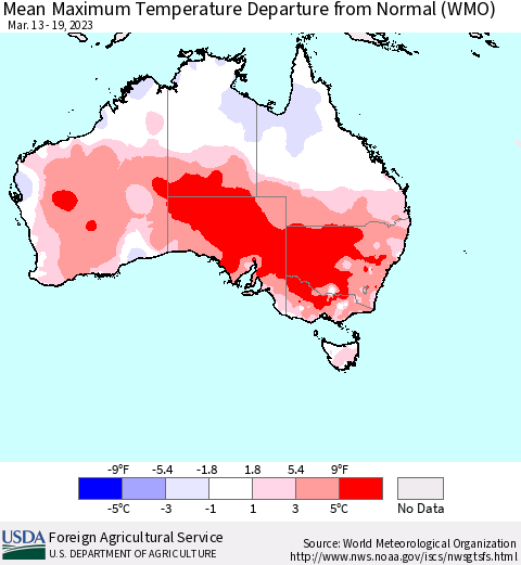 Australia Mean Maximum Temperature Departure from Normal (WMO) Thematic Map For 3/13/2023 - 3/19/2023
