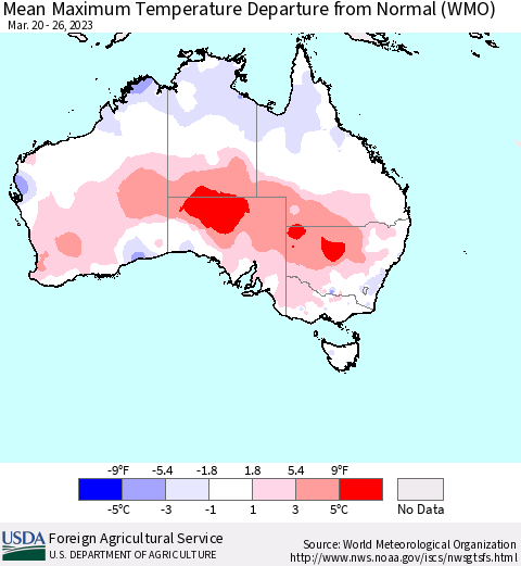 Australia Mean Maximum Temperature Departure from Normal (WMO) Thematic Map For 3/20/2023 - 3/26/2023