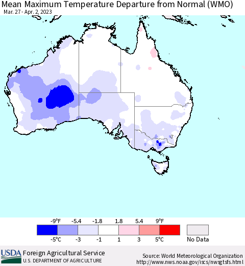 Australia Mean Maximum Temperature Departure from Normal (WMO) Thematic Map For 3/27/2023 - 4/2/2023