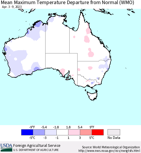 Australia Mean Maximum Temperature Departure from Normal (WMO) Thematic Map For 4/3/2023 - 4/9/2023