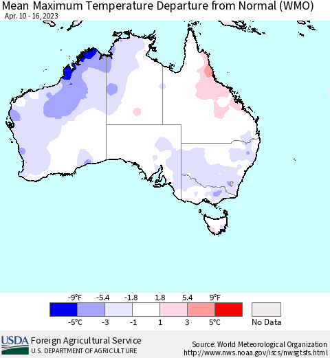 Australia Mean Maximum Temperature Departure from Normal (WMO) Thematic Map For 4/10/2023 - 4/16/2023