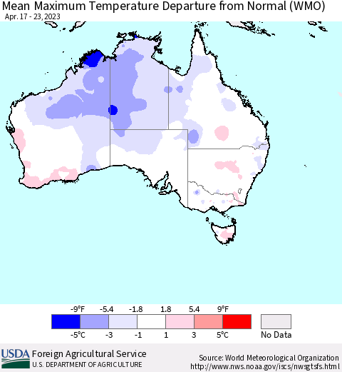 Australia Mean Maximum Temperature Departure from Normal (WMO) Thematic Map For 4/17/2023 - 4/23/2023
