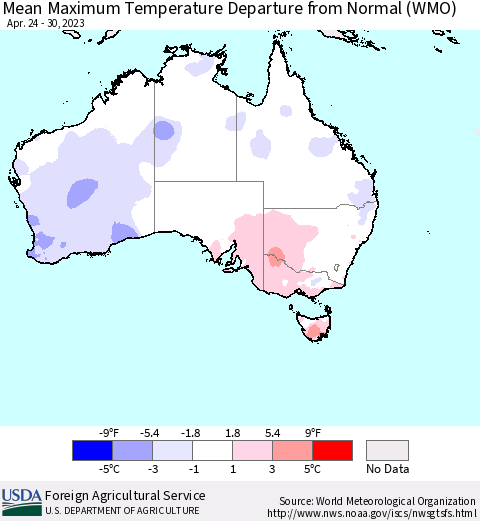 Australia Mean Maximum Temperature Departure from Normal (WMO) Thematic Map For 4/24/2023 - 4/30/2023