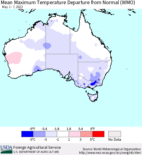 Australia Mean Maximum Temperature Departure from Normal (WMO) Thematic Map For 5/1/2023 - 5/7/2023