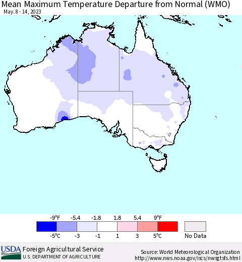 Australia Mean Maximum Temperature Departure from Normal (WMO) Thematic Map For 5/8/2023 - 5/14/2023