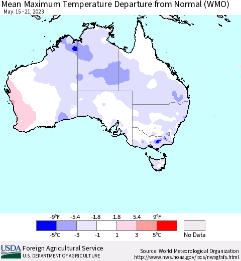Australia Mean Maximum Temperature Departure from Normal (WMO) Thematic Map For 5/15/2023 - 5/21/2023