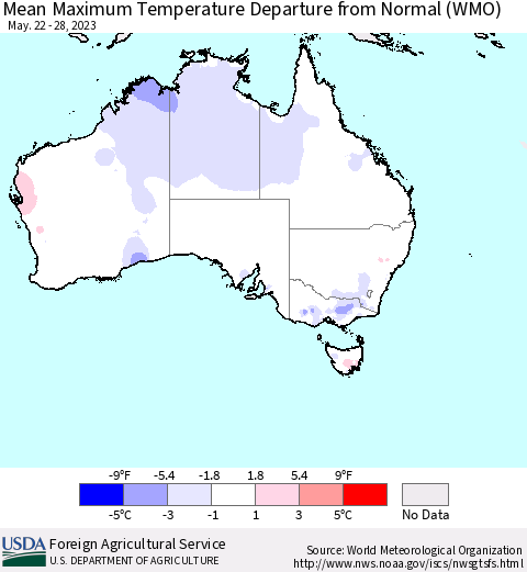 Australia Mean Maximum Temperature Departure from Normal (WMO) Thematic Map For 5/22/2023 - 5/28/2023