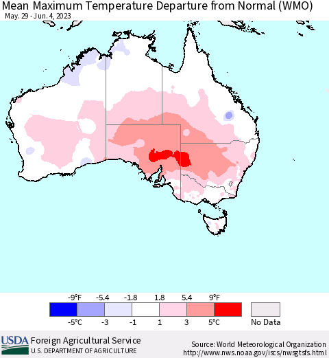 Australia Mean Maximum Temperature Departure from Normal (WMO) Thematic Map For 5/29/2023 - 6/4/2023