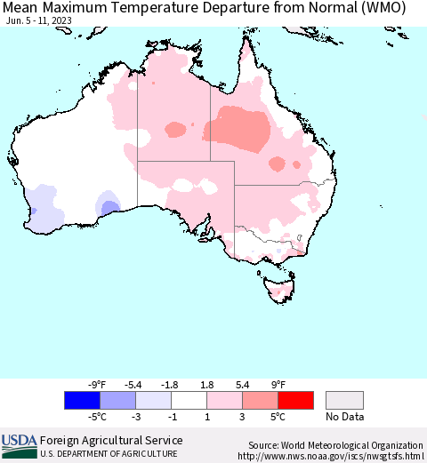 Australia Mean Maximum Temperature Departure from Normal (WMO) Thematic Map For 6/5/2023 - 6/11/2023