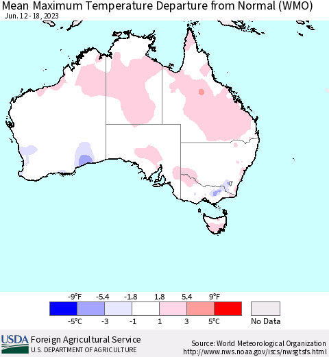Australia Mean Maximum Temperature Departure from Normal (WMO) Thematic Map For 6/12/2023 - 6/18/2023