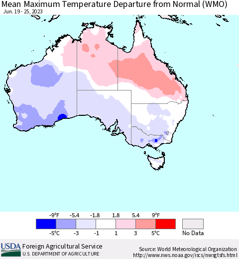 Australia Mean Maximum Temperature Departure from Normal (WMO) Thematic Map For 6/19/2023 - 6/25/2023